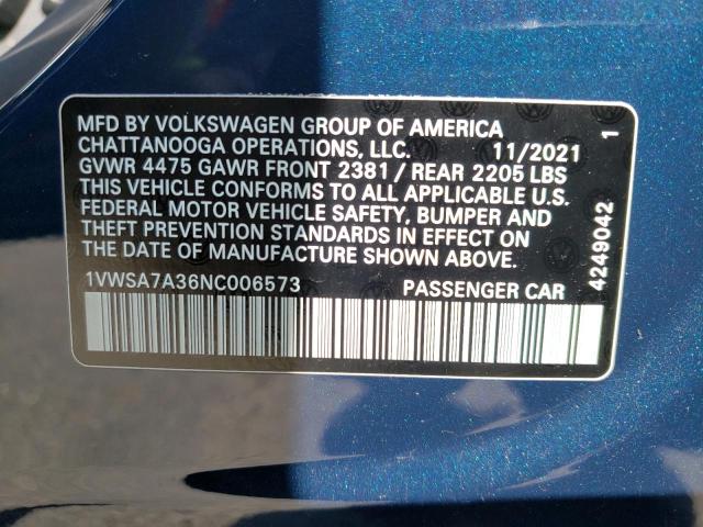 Photo 10 from auction – 2022 VOLKSWAGEN PASSAT SE with VIN 1VWSA7A36NC006573