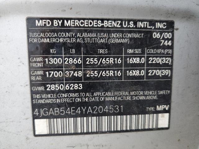 Photo 10 from auction – 2000 MERCEDES-BENZ ML 320 with VIN 4JGAB54E4YA204531