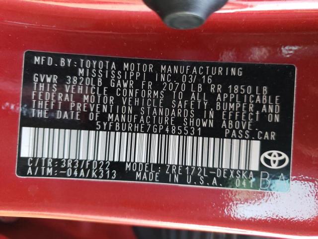 Photo 10 from auction – 2016 TOYOTA COROLLA L with VIN 5YFBURHE7GP485531