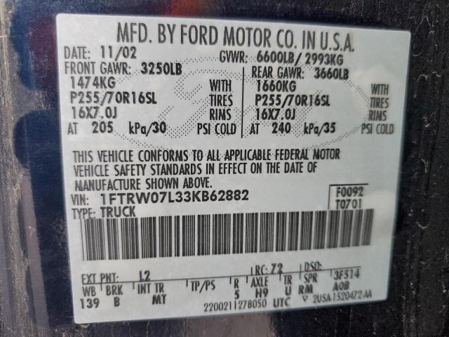 Photo 10 from auction – 2003 FORD F150 SUPER with VIN 1FTRW07L33KB62882