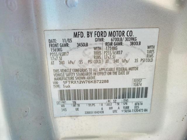 Photo 10 from auction – 2006 FORD F150 with VIN 1FTRX12W76KB72288