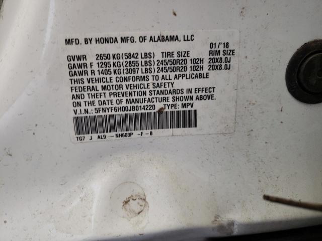 Photo 10 from auction – 2018 HONDA PILOT ELIT with VIN 5FNYF6H00JB014220