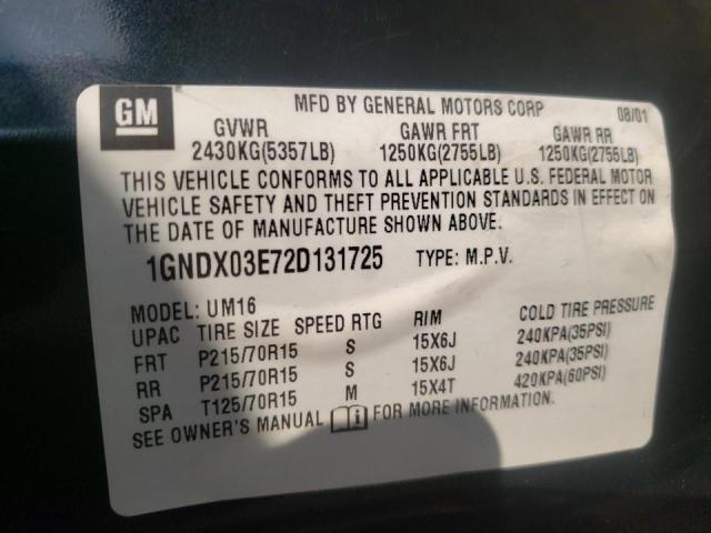 Photo 10 from auction – 2002 CHEVROLET VENTURE with VIN 1GNDX03E72D131725