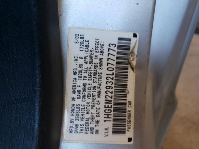 Photo 10 from auction – 2002 HONDA CIVIC EX with VIN 1HGEM22932L077773