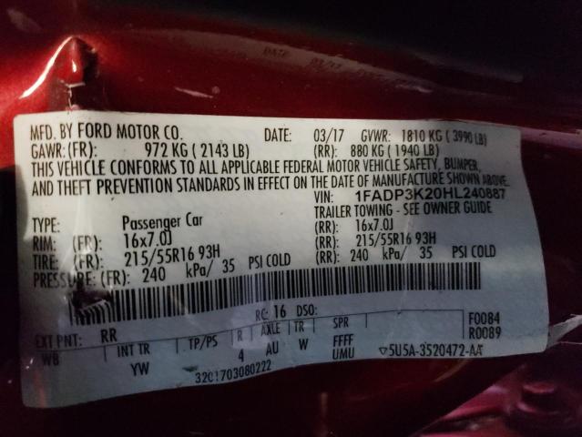 Photo 10 from auction – 2017 FORD FOCUS with VIN 1FADP3K20HL240887