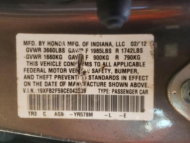 Photo 10 from auction – 2012 HONDA CIVIC LX with VIN 19XFB2F59CE043539