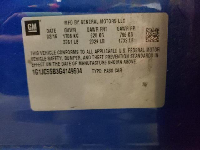 Photo 10 from auction – 2016 CHEVROLET SONIC LT with VIN 1G1JC5SB3G4149604