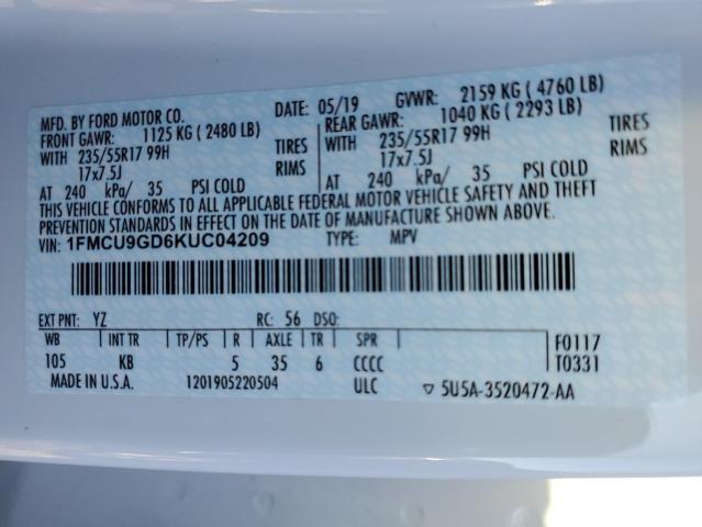 Photo 10 from auction – 2019 FORD ESCAPE SE with VIN 1FMCU9GD6KUC04209