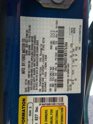 Photo 10 from auction – 2019 FORD FUSION SE with VIN 3FA6P0HD1KR176366