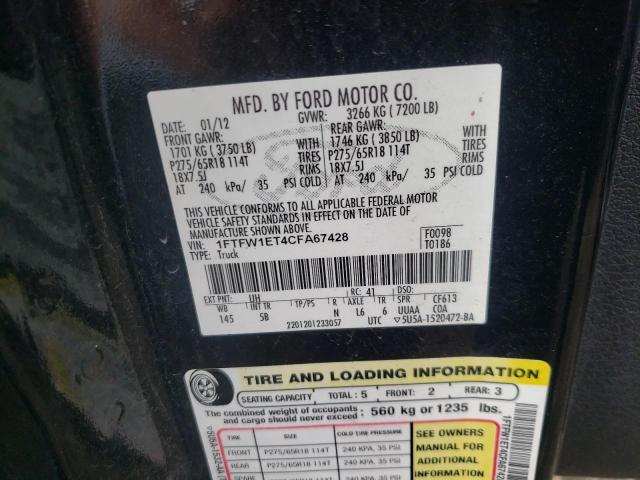 Photo 10 from auction – 2012 FORD F150 SUPER with VIN 1FTFW1ET4CFA67428