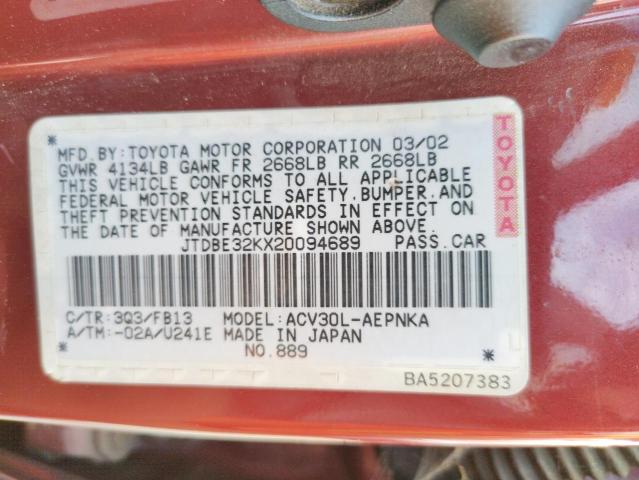 Photo 10 from auction – 2002 TOYOTA CAMRY LE with VIN JTDBE32KX20094689