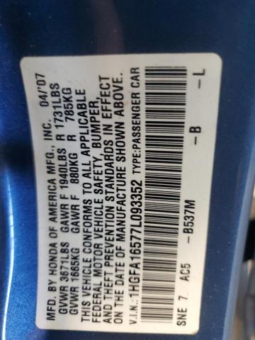 Photo 10 from auction – 2007 HONDA CIVIC LX with VIN 1HGFA16577L093352