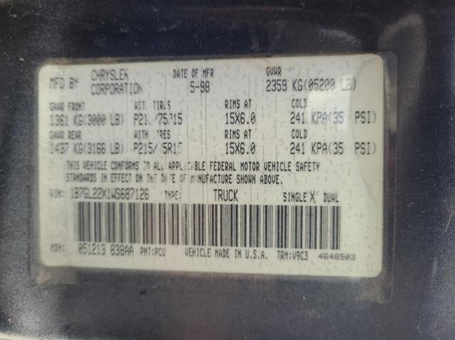 Photo 10 from auction – 1998 DODGE DAKOTA with VIN 1B7GL22X1WS687126