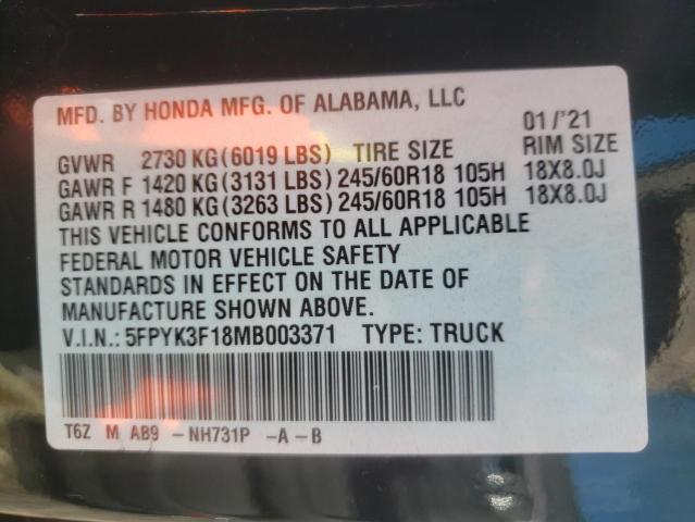 Photo 10 from auction – 2021 HONDA RIDGELINE with VIN 5FPYK3F18MB003371
