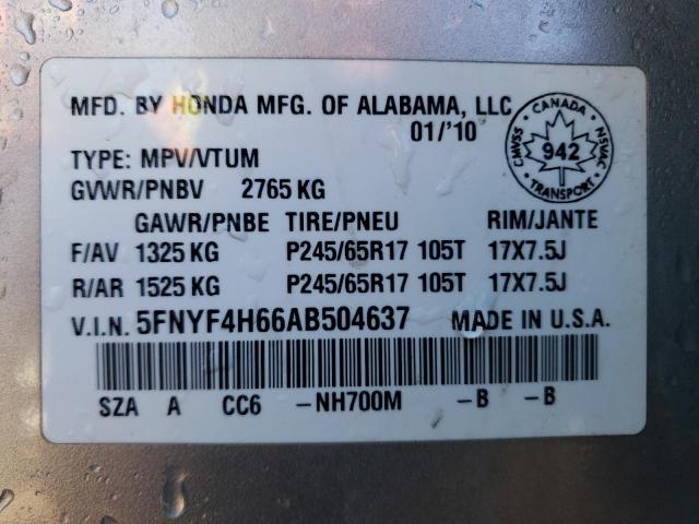Photo 10 from auction – 2010 HONDA PILOT EXL with VIN 5FNYF4H66AB504637