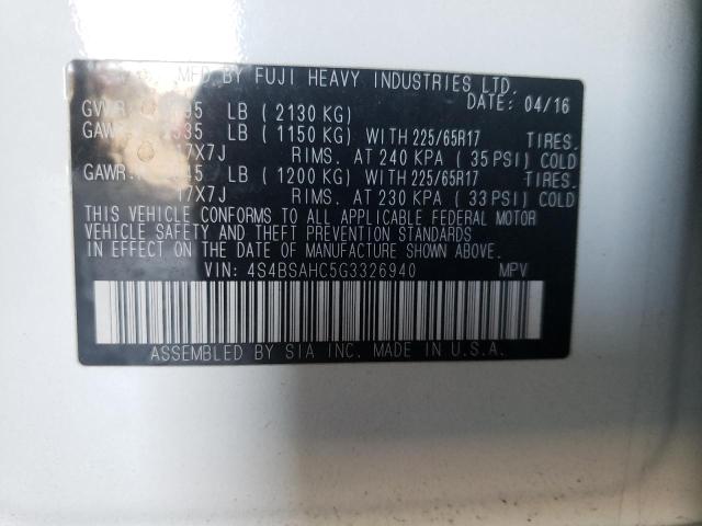 Photo 10 from auction – 2016 SUBARU OUTBACK 2. with VIN 4S4BSAHC5G3326940