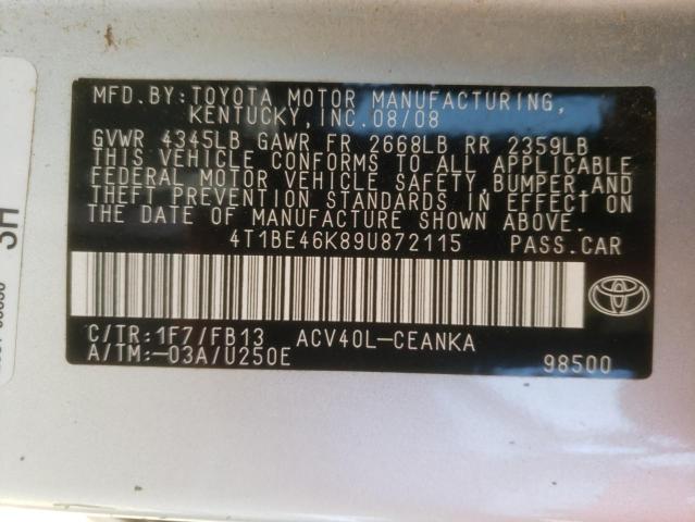 Photo 10 from auction – 2009 TOYOTA CAMRY BASE with VIN 4T1BE46K89U872115