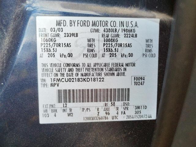 Photo 10 from auction – 2003 FORD ESCAPE XLS with VIN 1FMCU02183KD18122
