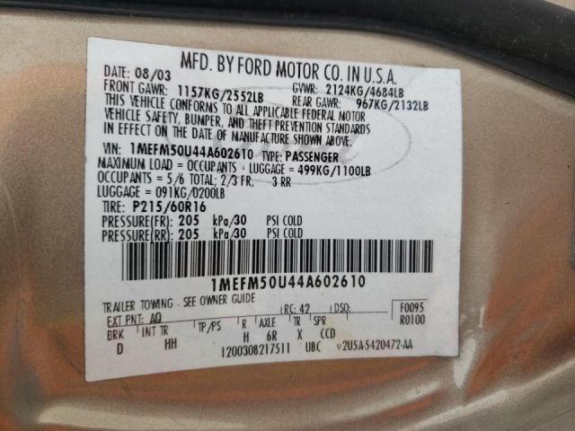 Photo 10 from auction – 2004 MERCURY SABLE GS with VIN 1MEFM50U44A602610