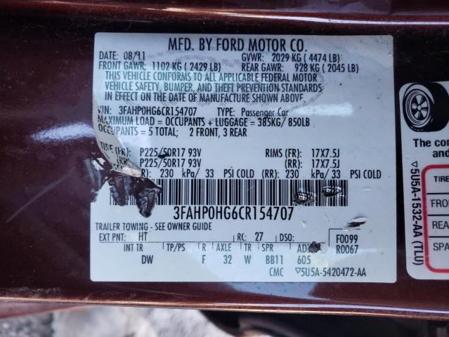 Photo 10 from auction – 2012 FORD FUSION SE with VIN 3FAHP0HG6CR154707