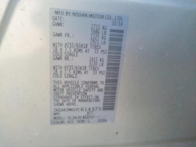 Photo 10 from auction – 2015 NISSAN PATHFINDER with VIN 5N1AR2MN1FC614375