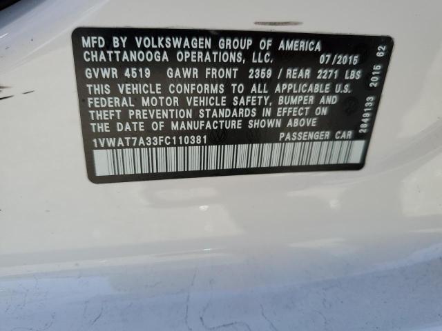 Photo 10 from auction – 2015 VOLKSWAGEN PASSAT S with VIN 1VWAT7A33FC110381