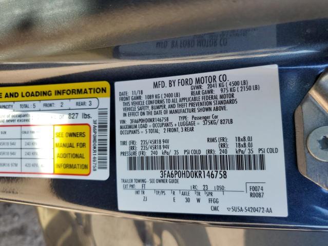 Photo 10 from auction – 2019 FORD FUSION SE with VIN 3FA6P0HD0KR146758