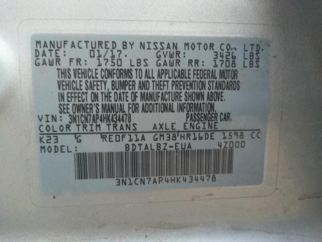 Photo 10 from auction – 2017 NISSAN VERSA S with VIN 3N1CN7AP4HK434478