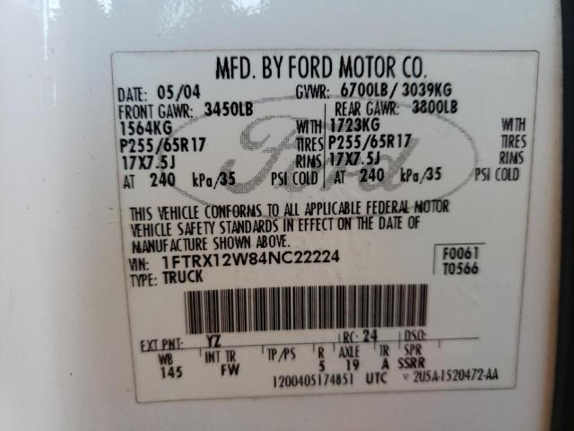 Photo 10 from auction – 2004 FORD F150 with VIN 1FTRX12W84NC22224