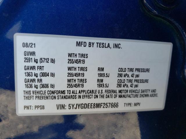 Photo 10 from auction – 2021 TESLA MODEL Y with VIN 5YJYGDEE8MF257666
