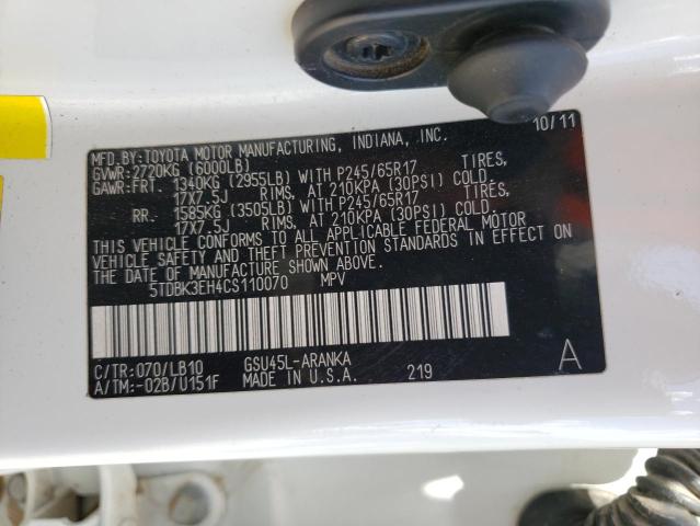 Photo 10 from auction – 2012 TOYOTA HIGHLANDER with VIN 5TDBK3EH4CS110070