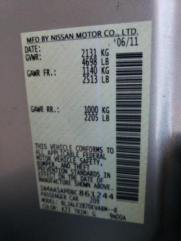 Photo 10 from auction – 2011 NISSAN MAXIMA S with VIN 1N4AA5AP0BC861244