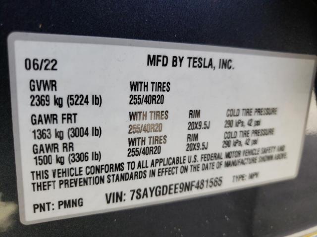 Photo 10 from auction – 2022 TESLA MODEL Y with VIN 7SAYGDEE9NF481565