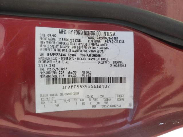 Photo 10 from auction – 2003 FORD TAURUS SES with VIN 1FAFP55S43G118907