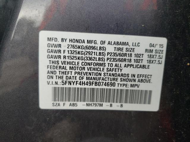 Photo 10 from auction – 2015 HONDA PILOT EX with VIN 5FNYF4H49FB074690