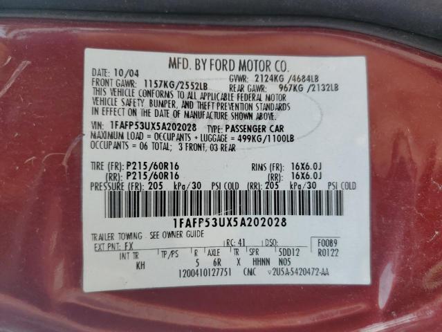 Photo 10 from auction – 2005 FORD TAURUS SE with VIN 1FAFP53UX5A202028