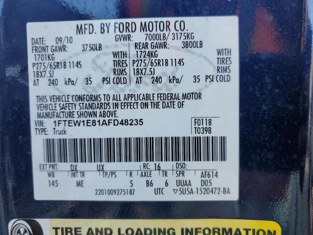 Photo 10 from auction – 2010 FORD F150 SUPER with VIN 1FTEW1E81AFD48235