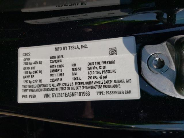 Photo 10 from auction – 2022 TESLA MODEL 3 with VIN 5YJ3E1EA5NF191963