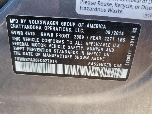 Photo 10 from auction – 2015 VOLKSWAGEN PASSAT SE with VIN 1VWBS7A30FC027014