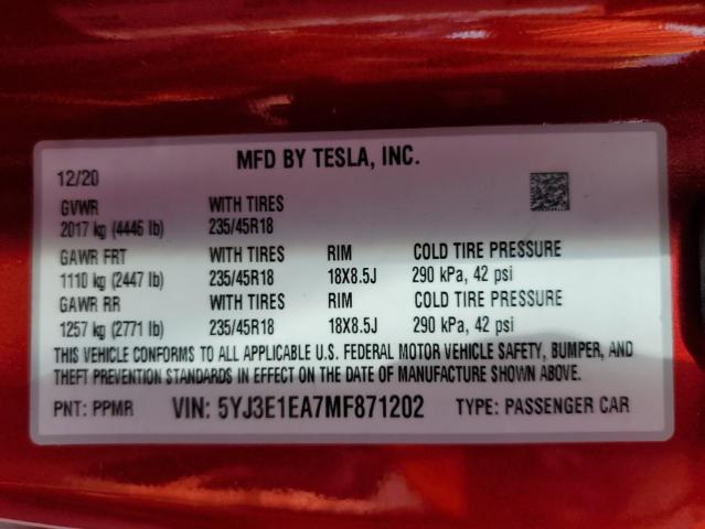 Photo 10 from auction – 2021 TESLA MODEL 3 with VIN 5YJ3E1EA7MF871202