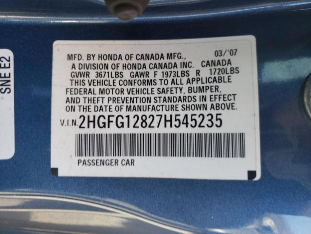 Photo 10 from auction – 2007 HONDA CIVIC EX with VIN 2HGFG12827H545235