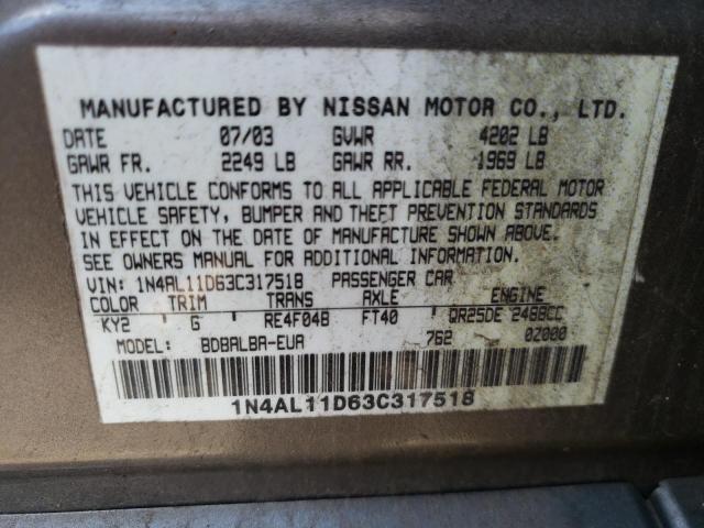 Photo 10 from auction – 2003 NISSAN ALTIMA BAS with VIN 1N4AL11D63C317518