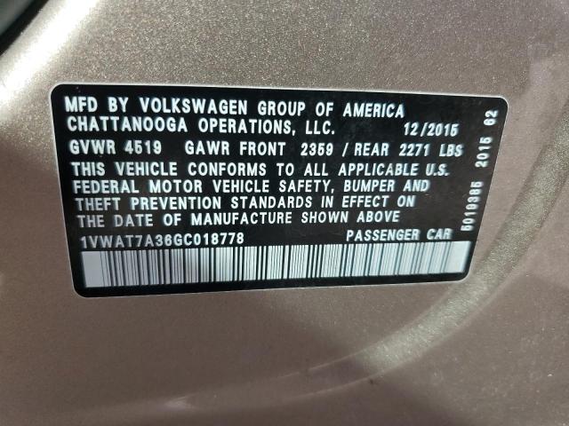 Photo 10 from auction – 2016 VOLKSWAGEN PASSAT with VIN 1VWAT7A36GC018778