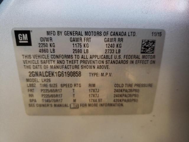 Photo 10 from auction – 2016 CHEVROLET EQUINOX LT with VIN 2GNALCEK1G6190858