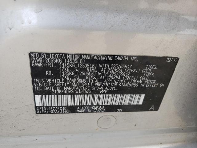 Photo 10 from auction – 2012 TOYOTA RAV4 with VIN 2T3BF4DV3CW194575