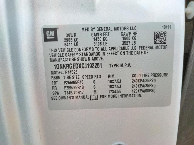 Photo 10 from auction – 2012 CHEVROLET TRAVERSE L with VIN 1GNKRGEDXCJ193251