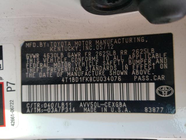 Photo 10 from auction – 2012 TOYOTA CAMRY HYBR with VIN 4T1BD1FK8CU034076