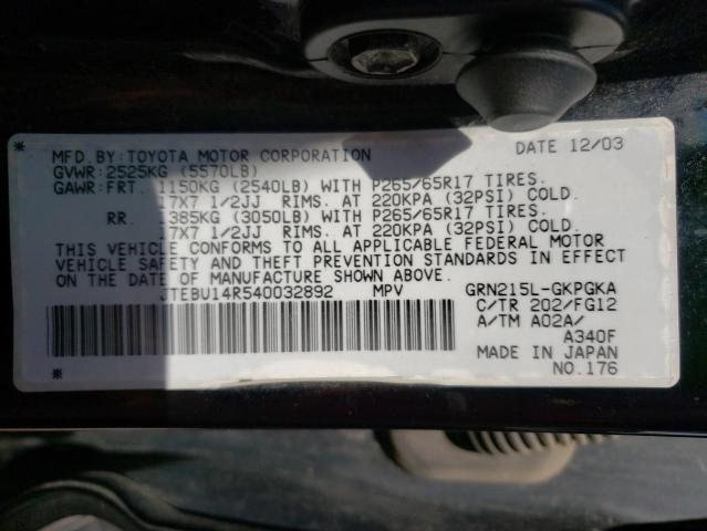 Photo 10 from auction – 2004 TOYOTA 4RUNNER SR with VIN JTEBU14R540032892