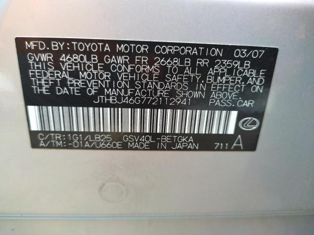 Photo 10 from auction – 2007 LEXUS ES 350 with VIN JTHBJ46G772112941