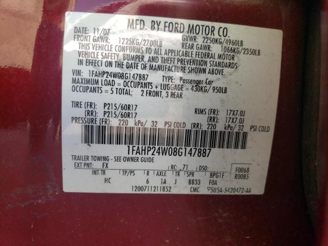 Photo 10 from auction – 2008 FORD TAURUS SEL with VIN 1FAHP24W08G147887